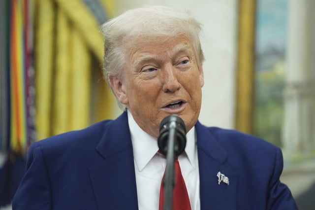 President Donald Trump speaks during a swearing in ceremony for interim U.S. Attorney General for the District of Columbia Jeanine Pirro, Wednesday, May 28, 2025, in The Oval Office of the White House in Washington. (AP Photo/Evan Vucci)
