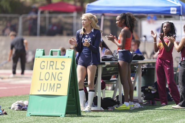 AB Hernandez of Jurupa Valley waits to compete in the girls long jump during the CIF Southern Section Masters Meet at Moorpark High School, Saturday, May 24, 2025, in Moorpark, Calif. (Kirby Lee via AP)