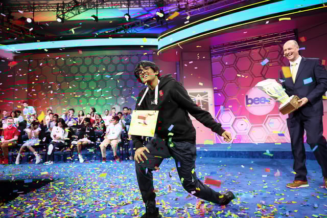 Faizan Zaki, 13, of Dallas, Texas, reacts after winning the annual Scripps National Spelling Bee in National Harbor, Maryland, U.S., May 29, 2025. REUTERS/Kevin Lamarque