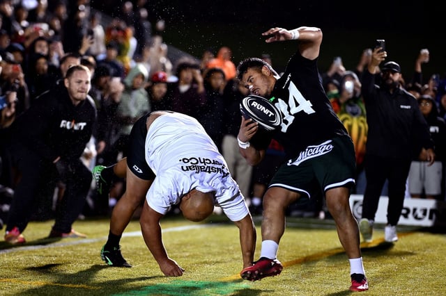 Players collide with each other without any protective gear in the final of the RUNIT Championship League at The Trusts Arena on May 19, 2025 in Auckland, New Zealand.
