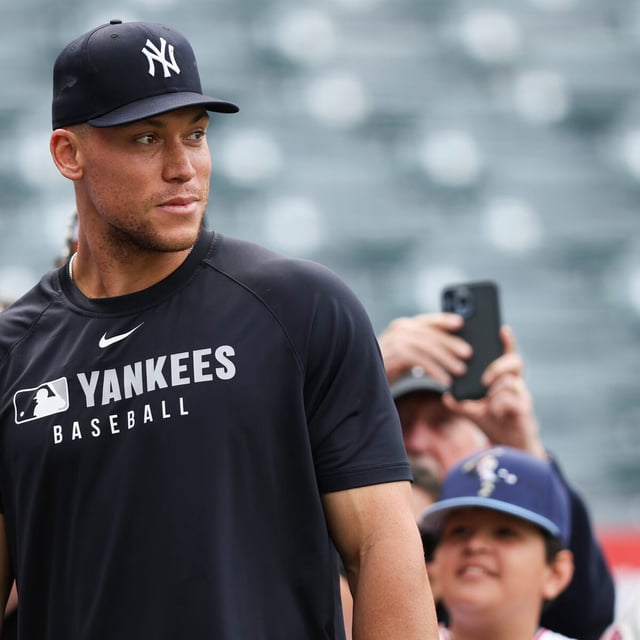 New York Yankees designated hitter Aaron Judge looks on during batting practice before a baseball game against the Los Angeles Angels in Anaheim, Calif., Wednesday, May 28, 2025. (AP Photo/Jessie Alcheh)