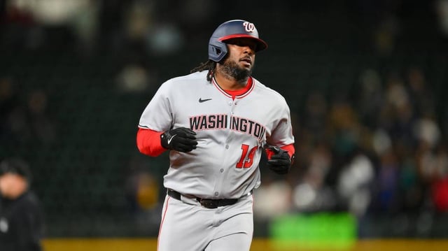May 29, 2025; Seattle, Washington, USA; Washington Nationals designated hitter Josh Bell (19) runs the bases after hitting a 2-run home run against Seattle Mariners during the tenth inning at T-Mobile Park. Mandatory Credit: Steven Bisig-Imagn Images