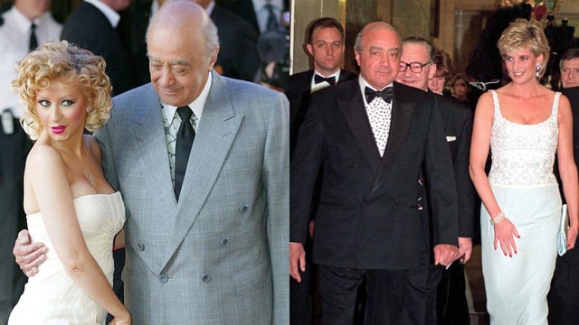 Mohamed Al Fayed with Christina Aguilera opening the Harrods sale in 2004; attending a charity dinner with Princess Diana in 1996