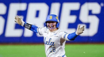 UCLA’s Jessica Clements celebrates as she runs the bases after hitting a two-run walk-off homer with two outs in the seventh inning for a 4-2 victory over Oregon on Thursday night at the Women’s College World Series in Oklahoma City. (Photo courtesy of UCLA Athletics)