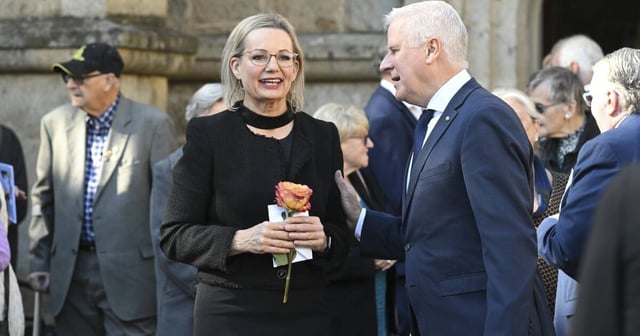Opposition leader Sussan Ley and Michael McCormack outside St Matthew's Anglican Church following the funeral of Ms Ley's mother, Angela Braybrooks, on May 30. Picture by Mark Jesser
