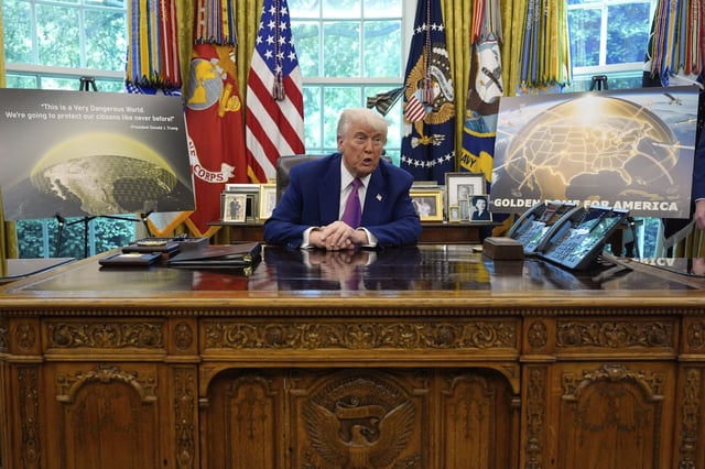 United States President Donald Trump speaks about the Golden Dome missile defense program in the Oval Office of the White House on May 20, 2025.