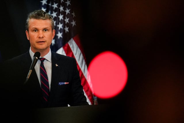 U.S. Defense Secretary Pete Hegseth attends a joint press conference with Philippine Defense Minister Gilberto Teodoro, at Camp Aguinaldo, in Quezon City, Metro Manila, Philippines, March 28, 2025. REUTERS/Lisa Marie David/File Photo