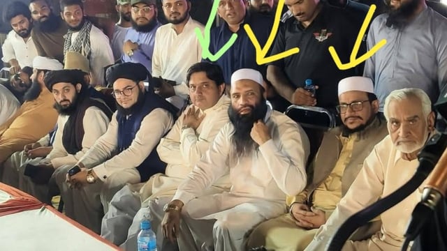 (L-R under arrows) Pakistan's Punjab assembly speaker, LeT commanders Saifullah Ansari, Talha Saeed, and minister Malik Rasheed Ahmed Khan. 