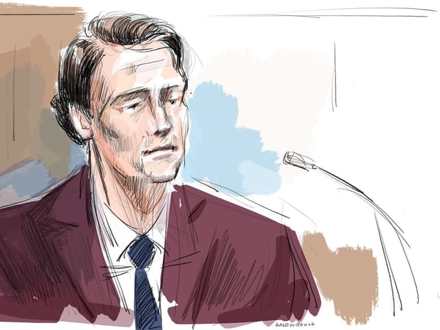 Carter Hart is shown in this courtroom sketch in London, Ont., on Thursday, May 29, 2025.
