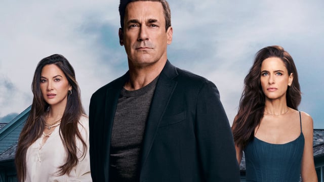 John Hamm tanding between his character's ex-wife and new girlfriend in Your Friends & Neighbors.