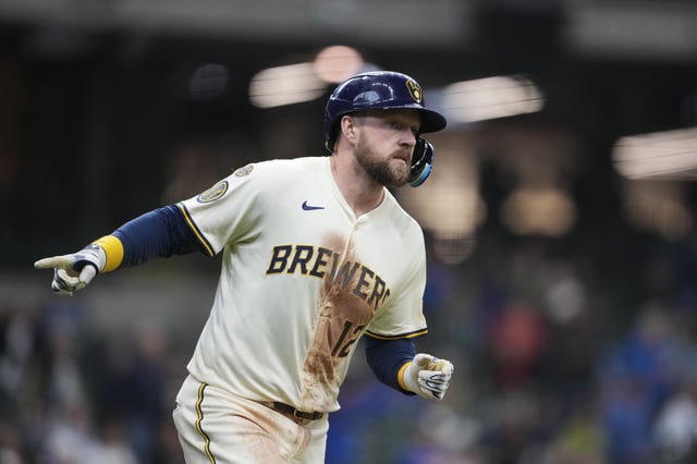 MILWAUKEE, WISCONSIN - MAY 21: Rhys Hoskins #12 of the Milwaukee Brewers runs the bases after hitting a solo home run against the Baltimore Orioles during the sixth inning at American Family Field on May 21, 2025 in Milwaukee, Wisconsin.