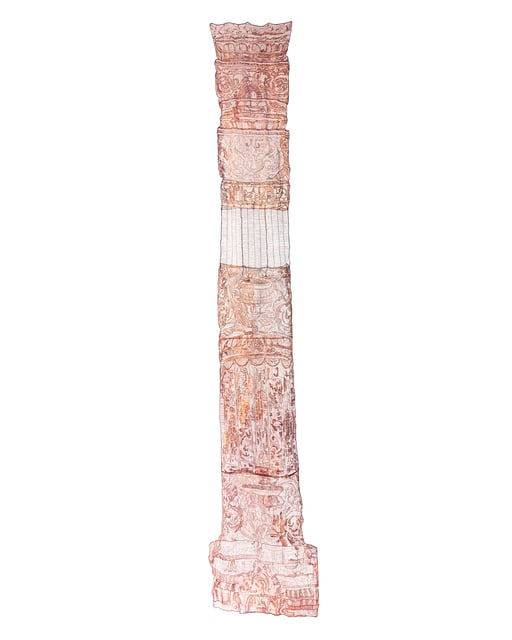 ‘Monument’ (2024), by Studio Sumakshi Singh, is a life-size reimagining of a column from a 12th-century colonnade in Delhi, made using copper zari, a metallic thread