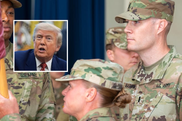 Main: Lt. Mark Bashaw (right) look on during a ceremony held July 9 at the Aberdeen Proving Ground, Maryland, APG North Recreation Center, July 9, 2021. 
Inset: President Donald Trump speaks to reporters in the Oval Office of the White House, Friday, May 23, 2025, in Washington.