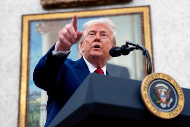 US President Donald Trump during a swearing-in ceremony for Jeanine Pirro, interim US attorney for the District of Columbia, not pictured, in the Oval Office of the White House in Washington, DC, US, on Wednesday, May 28, 2025. 