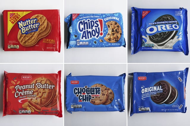 This combo of images shows, top row from left, Mondelez's products Nutter Butter, Chips Ahoy! and Oreo cookies; bottom row from left, shows Aldi’s products, Peanut Butter Creme, Chocolate Chip Cookies and Original Chocolate Sandwich Cookies with Vanilla Filing, Thursday, May 29, 2025, in Glenview, Ill. (AP Photos/Nam Y. Huh)