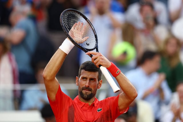 Tennis - French Open - Roland Garros, Paris, France - May 29, 2025 Serbia's Novak Djokovic celebrates winning his second round match against France's Corentin Moutet REUTERS/Lisi Niesner