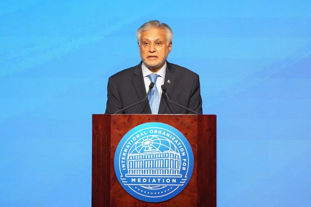 Pakistan's Foreign Minister Ishaq Dar, attends the signing ceremony of the Convention on the Establishment of The International Organization for Mediation (IOMed) in Hong Kong, China May 30, 2025. REUTERS/Bertha Wang