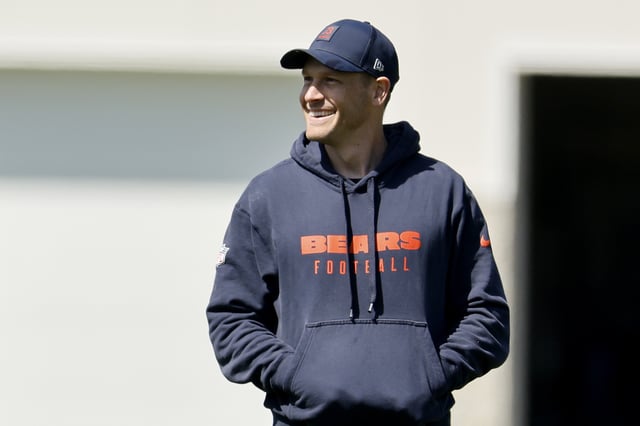 Head coach Ben Johnson of the Chicago Bears looks on during the Chicago Bears Rookie Minicamp at Halas Hall on May 09, 2025 in Lake Forest, Illinois.
