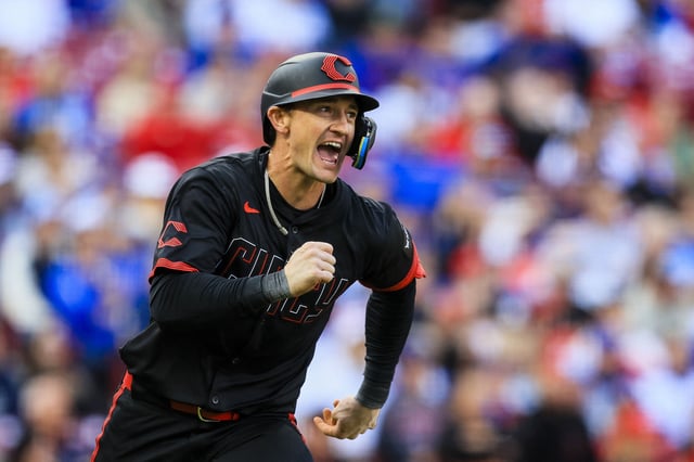 May 23, 2025; Cincinnati, Ohio, USA; Cincinnati Reds outfielder Austin Hays (12) reacts after hitting a RBI single in the first inning against the Chicago Cubs at Great American Ball Park. Mandatory Credit: Katie Stratman-Imagn Images/File Photo