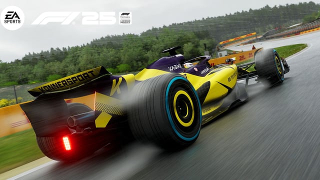 f1 25 race with yellow Konnersport car