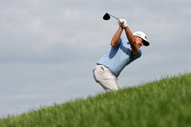 Keegan Bradley of the United States plays a shot from the 18th tee during the first round of the Memorial Tournament presented by Workday 2025 at Muirfield Village Golf Club on May 29, 2025 in Dublin, Ohio.