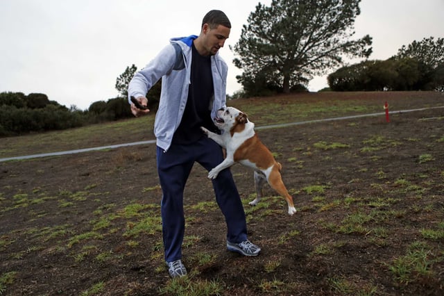 Klay Thompson plays with his dog Rocco at Cesar Chavez Park in Berkeley on November 19, 2014. The former Golden State Warriors star is now mourning the loss of his longtime companion, who passed away over the weekend at age 13.