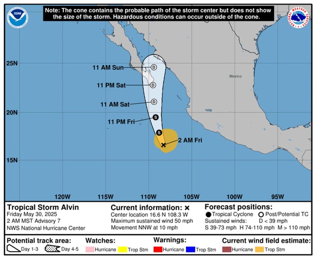 The most recent forecast path for Tropical Storm Alvin from the National Hurricane Center.