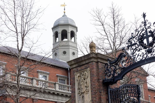 A tower on one of the Harvard University buildings in Cambridge, Massachusetts, on April 15, 2025.