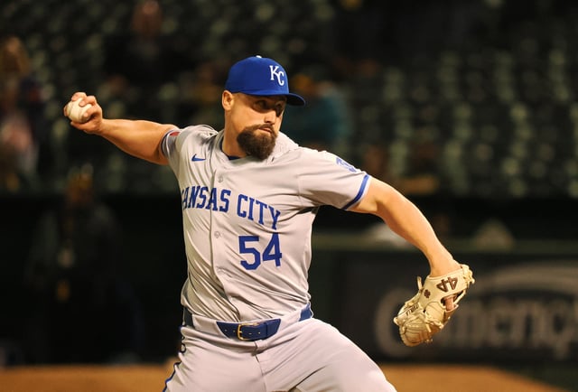 Jun 19, 2024; Oakland, California, USA; Kansas City Royals relief pitcher Dan Altavilla (54) pitches the ball against the Oakland Athletics during the seventh inning at Oakland-Alameda County Coliseum. Mandatory Credit: Kelley L Cox-USA TODAY Sports/File Photo