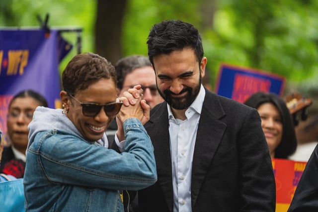 Adrienne Adams and Zohran Mamdani at a Working Families Party rally in Fort Greene Park.