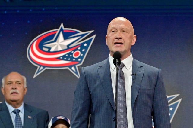 Jul 7, 2022; Montreal, Quebec, CANADA; Columbus Blue Jackets general manager Jarmo Kekalainen announces David Jiricek (not pictured) as the number six overall pick to the Columbus Blue Jackets in the first round of the 2022 NHL Draft at Bell Centre. Mandatory Credit: Eric Bolte-USA TODAY Sports/File Photo