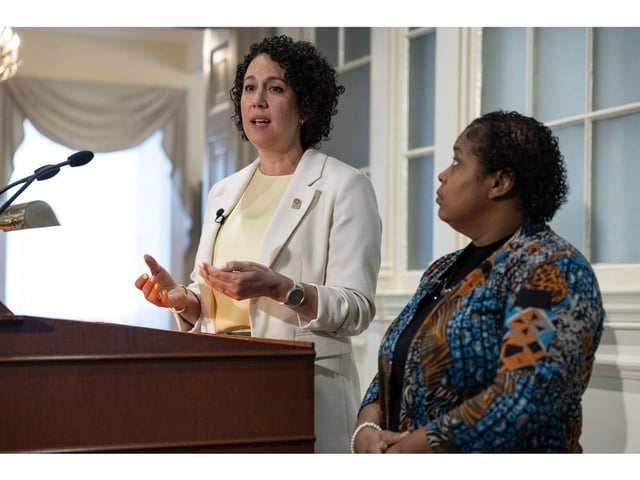 NDP leader Claudia Chender answers questions from reporters at Province House along with Halifax Needham MLA Suzy Hansen on Friday, May 30, 2025.