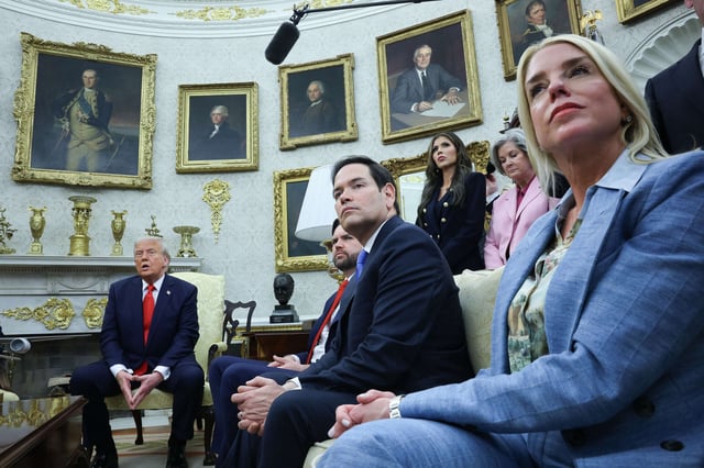 Vice President J.D. Vance, Secretary of State Marco Rubio and U.S. Attorney General Pam Bondi sit nearby as U.S. President Donald Trump speaks while meeting with President Nayib Bukele of El Salvador in the Oval Office of the White House on April 14, 2025, in Washington, D.C.