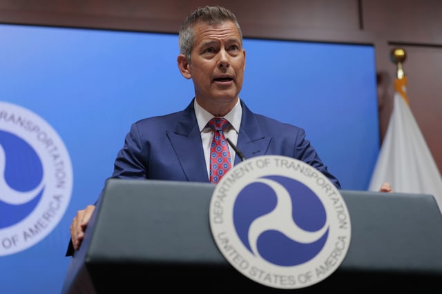 Transportation Secretary Sean Duffy speaks alongside FAA Acting Administrator Chris Rocheleau during a news conference at the Department of Transportation Headquarters on May 28, 2025 in Washington, DC.