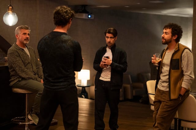 Steve Carell (far left), Cory Michael Smith, Jason Schwartzman and Ramy Youssef play successful tech bros in HBO's "Mountainhead."