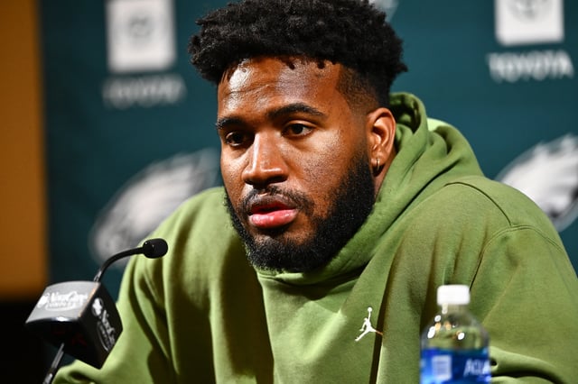 Mar 14, 2024; Philadelphia, PA, USA; Philadelphia Eagles linebacker Bryce Huff speaks during a press conference after signing with the team. Mandatory Credit: Kyle Ross-USA TODAY Sports
