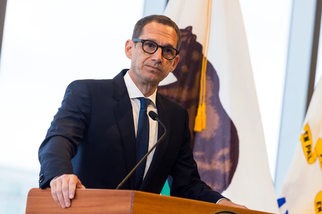 San Francisco mayor Daniel Lurie speaks at a press conference where he reflects on the city’s progress over the course of his first 100 days of serving as mayor at the San Francisco Conservatory of Music on Thursday, April 17, 2025.