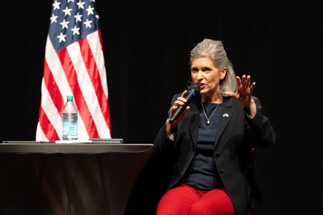 Sen. Joni Ernst speaks during a town hall at Aplington-Parkersburg High School on May 30, 2025, in Parkersburg, Iowa.