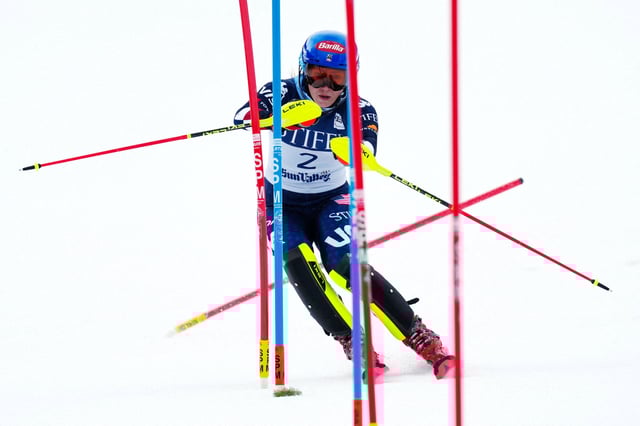 Mar 27, 2025; Sun Valley, ID, USA; Mikaela Shiffrin of the United States during the first run of the slalom alpine skiing race in the 2025 FIS Ski World Cup at Sun Valley. Mandatory Credit: Christopher Creveling-Imagn Images     TPX IMAGES OF THE DAY