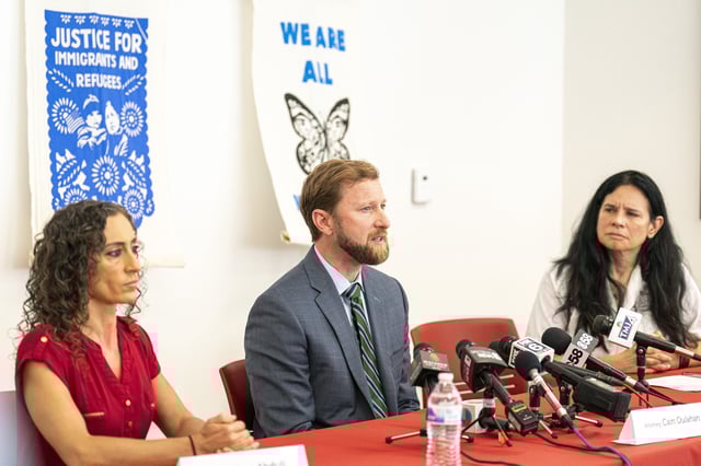 Cain Oulahan, Ramon Morales Reyes' immigration attorney addresses the media Friday, May 30, 2025 in Milwaukee about the detention of his client Ramon Morales Reyes. (AP Photo/Andy Manis)