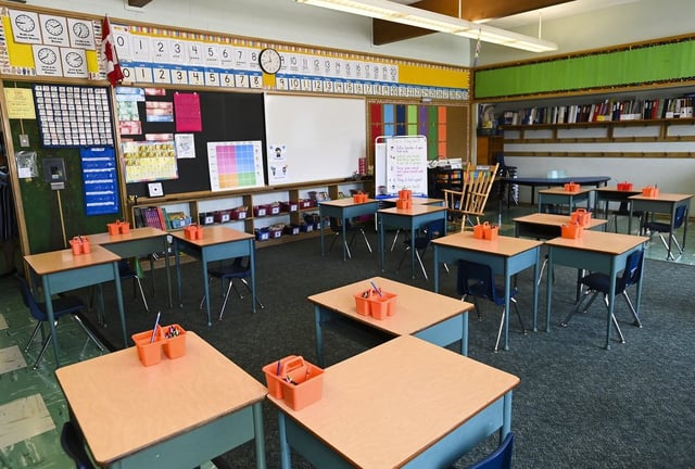 An empty classroom is shown at a school in Toronto, Monday, Sept. 14, 2020.