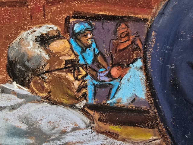 Sean "Diddy" Combs listens as his defense lawyer Brian Steel questions witness "Mia" as she testifies in Combs' sex trafficking trial in New York City, New York, U.S., May 30, 2025 in this courtroom sketch. REUTERS/Jane Rosenberg