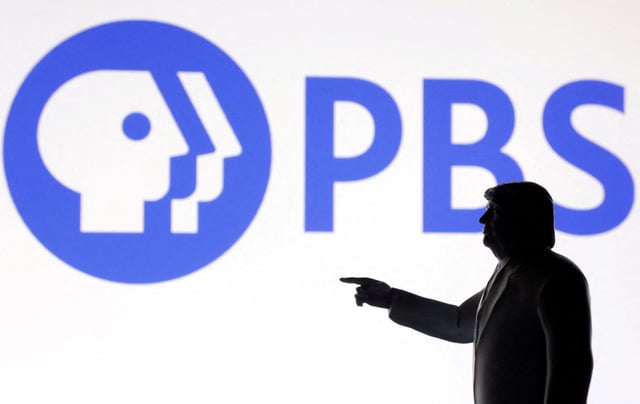 A 3D-printed miniature model of U.S. President Donald Trump with the PBS (Public Broadcasting Service) logo in the background is seen in this illustration taken April 23, 2025. REUTERS/Dado Ruvic/Illustration/File Photo