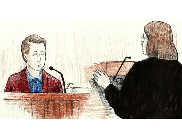Carter Hart on the stand answering Asst. Crown Meaghan Cunningham  (Charles Vincent/Special to The London Free Press)