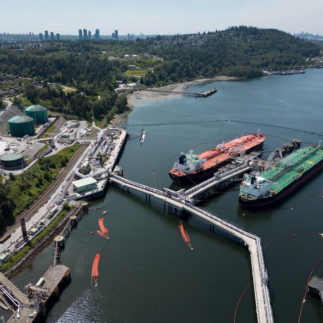 Crude oil tankers docked at the Trans Mountain Westridge Marine Terminal in June, 2024. The expanded pipeline system began commercial operations over a year ago.