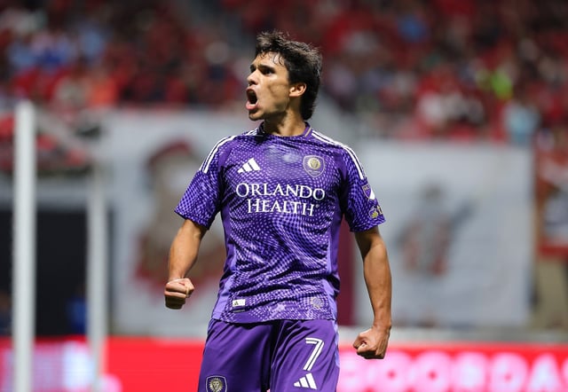 Ramiro Enrique, #7 of Orlando City, reacts after scoring a goal against goalkeeper Brad Guzan, #1 of Atlanta United, during the first half at Mercedes-Benz Stadium on May 28 in Atlanta. (Kevin C. Cox/Getty Images)