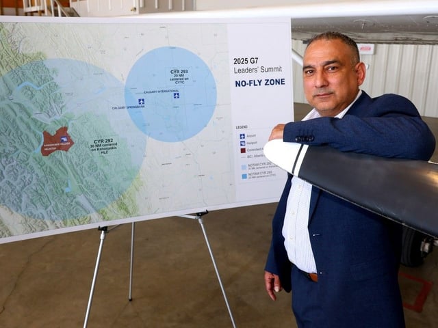Sgt. Mark Basanta, RCMP Protective Operations, attends a press event at Springbank Airport on Friday, May 30, 2025, to outline the airspace restrictions over Calgary and Kananaskis for the 2025 G7 Leaders' Summit in June.