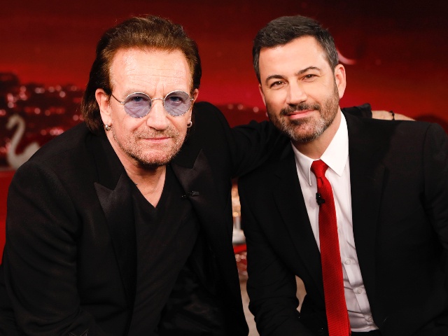 JIMMY KIMMEL LIVE! - "Jimmy Kimmel Live!" aired its fourth annual (RED) benefit show on Monday, Nov. 19, in honor of World AIDS Day on Dec. 1. Guests for the evening's show included Bono, Chris Rock, Will Ferrell, Kristen Bell, Channing Tatum, Snoop Dogg, Mila Kunis, Pharrell and more. (Randy Holmes via Getty Images) BONO, JIMMY KIMMEL