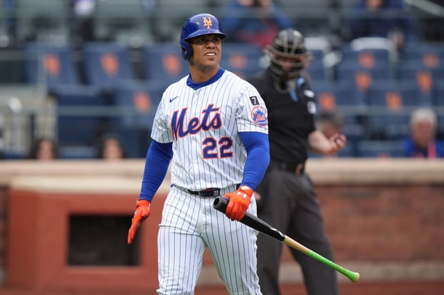 New York Mets&#39; Juan Soto (22) reacts after striking out during the fourth inning of a baseball game against the Chicago White Sox Wednesday, May 28, 2025, in New York. (AP Photo/Frank Franklin II)