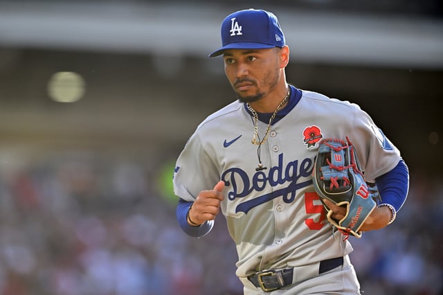 CLEVELAND, OHIO - MAY 26: Mookie Betts #50 of the Los Angeles Dodgers runs off the field after the fourth inning against the Cleveland Guardians at Progressive Field on May 26, 2025 in Cleveland, Ohio.